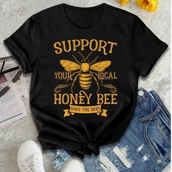 Honey Bee Black Gold T Shirt Bumble Buzz Trendy Summer Casual - Picture 2 of 3